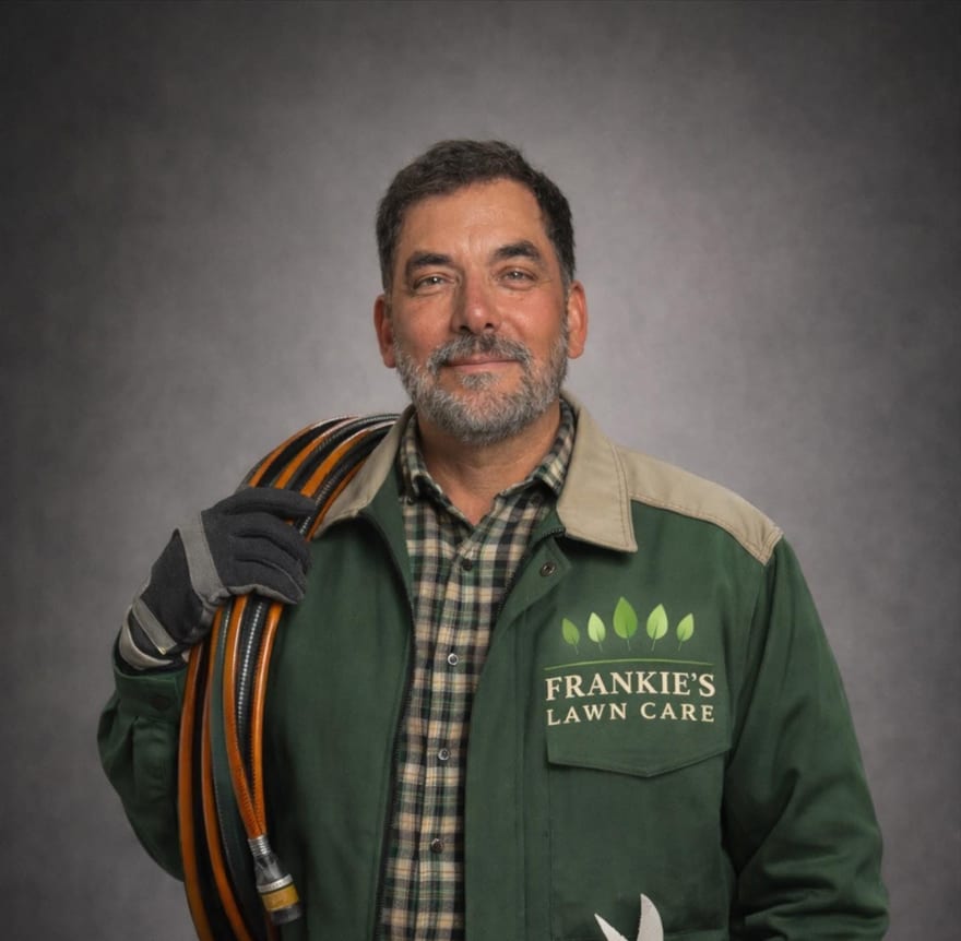 Francisco “Frankie” Figueroa, owner of Frankie’s Lawn Care, in a green company jacket with a garden hose over his shoulder